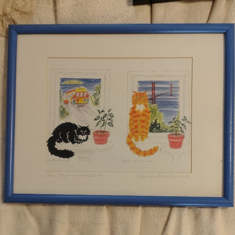 Sharon Mcdougall signed framed art 2 cats per frame .... 2 frames